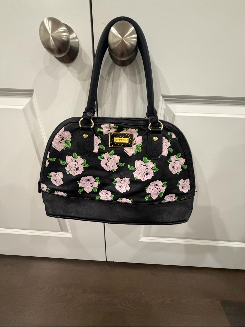 Betsy Johnson Floral Dome Satchel Handbag - Black with Pink Roses